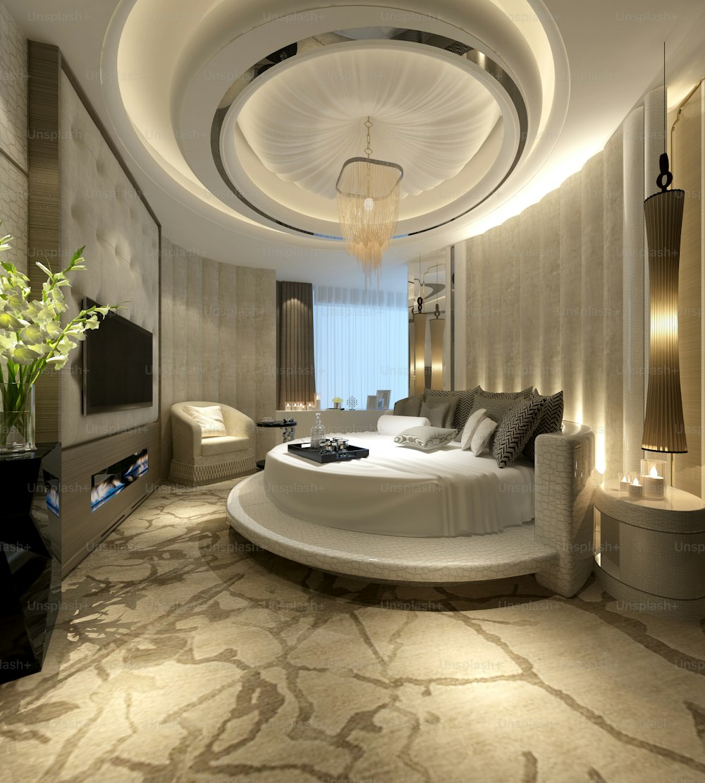 Renderização 3D do quarto de hotel de luxo