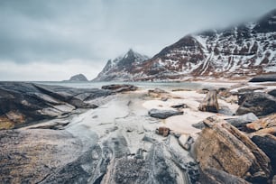 雪が積もった冬のノルウェー海のフィヨルドの岩だらけの海岸。ホークランドビーチ、ロフォーテン諸島、ノルウェー