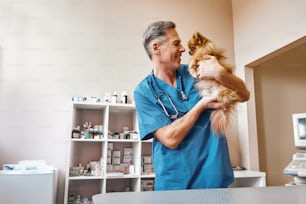 My best part of work! Middle aged positive vet in work uniform talking with small ginger dog while standing at veterinary clinic. Medicine concept. Pet care concept. Animal hospital
