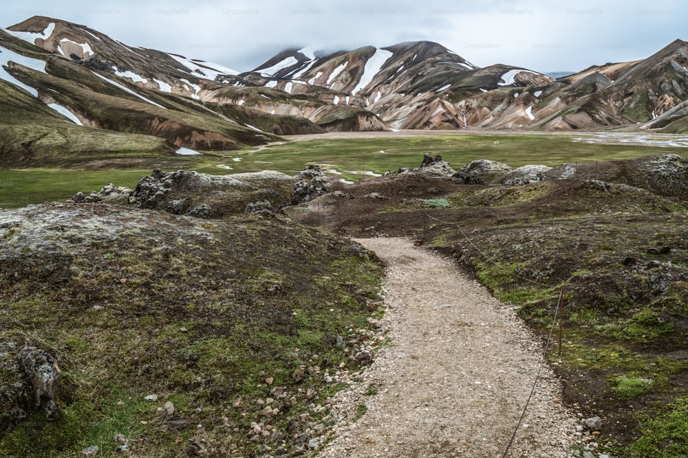 Beautiful Landmanalaugar gravel dust road way on highland of Iceland, Europe. Muddy tough terrain for extreme 4WD 4x4 vehicle. Landmanalaugar landscape is famous for nature trekking and hiking.