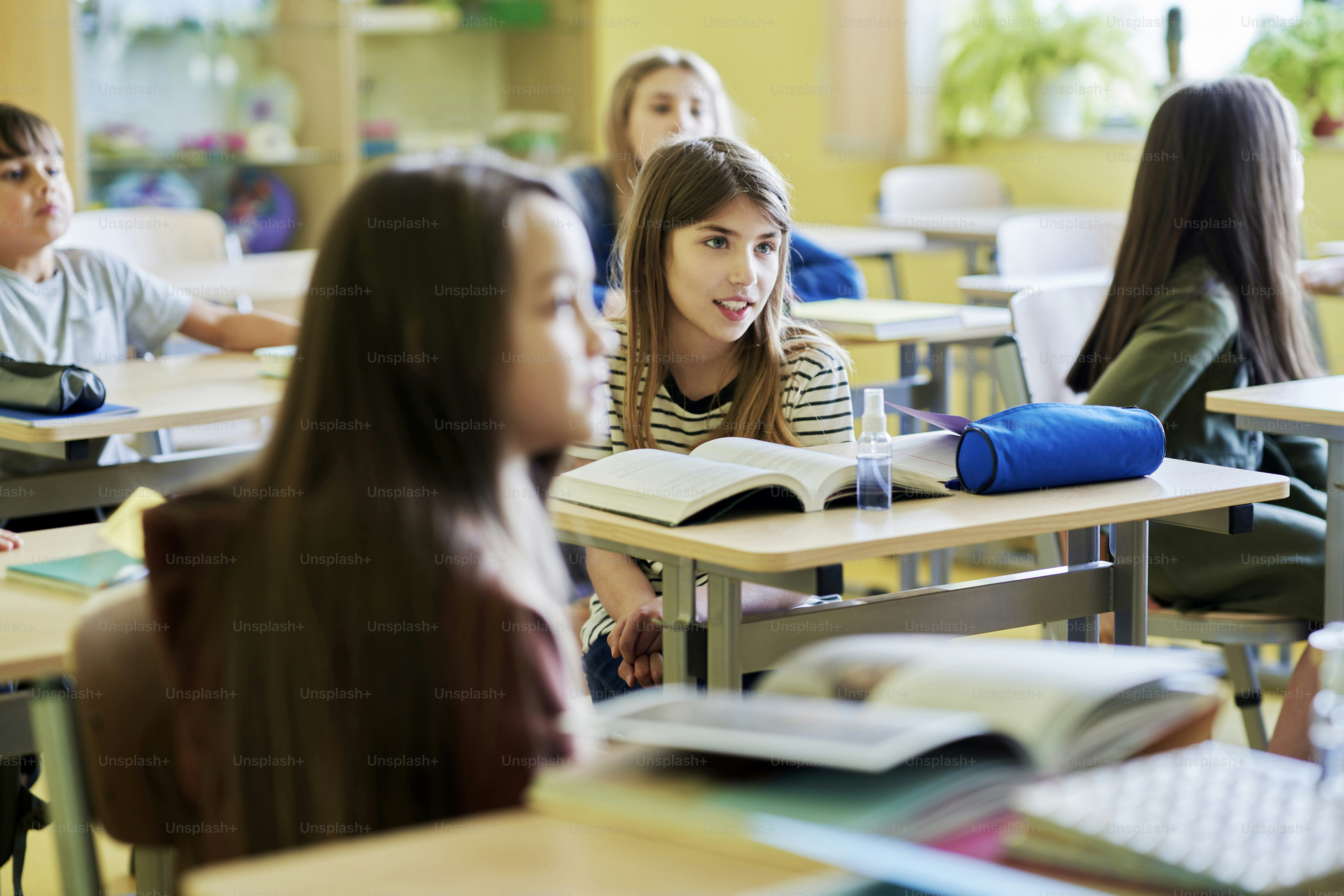 Primary schoolgirls sitting at classroom desks