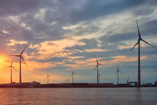 Turbinas eólicas alimentam geradores de eletricidade no porto de Antuérpia ao pôr do sol. Antuérpia, Bélgica