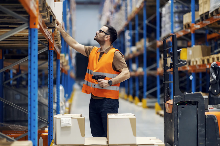 A supervisor with a scanner checking on goods in boxes in storage