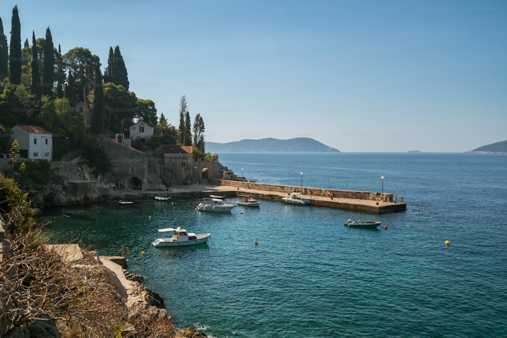 Costa do Adriático com porto ensolarado em Trsteno, Dalmácia, Croácia. Atração turística em Dubrovnik.
