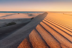La spiaggia di Patara è un famoso punto di riferimento turistico e una destinazione naturale in Turchia. La vista maestosa delle dune di sabbia arancione e delle colline si illumina ai raggi del caldo tramonto.