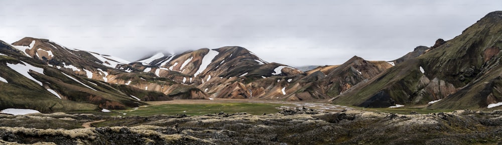 Paesaggio di Landmannalaugar scenario naturale surreale nell'altopiano dell'Islanda, nordico, Europa. Bellissimo terreno di montagna innevato, colorato famoso per il trekking estivo, l'avventura e le passeggiate all'aria aperta.