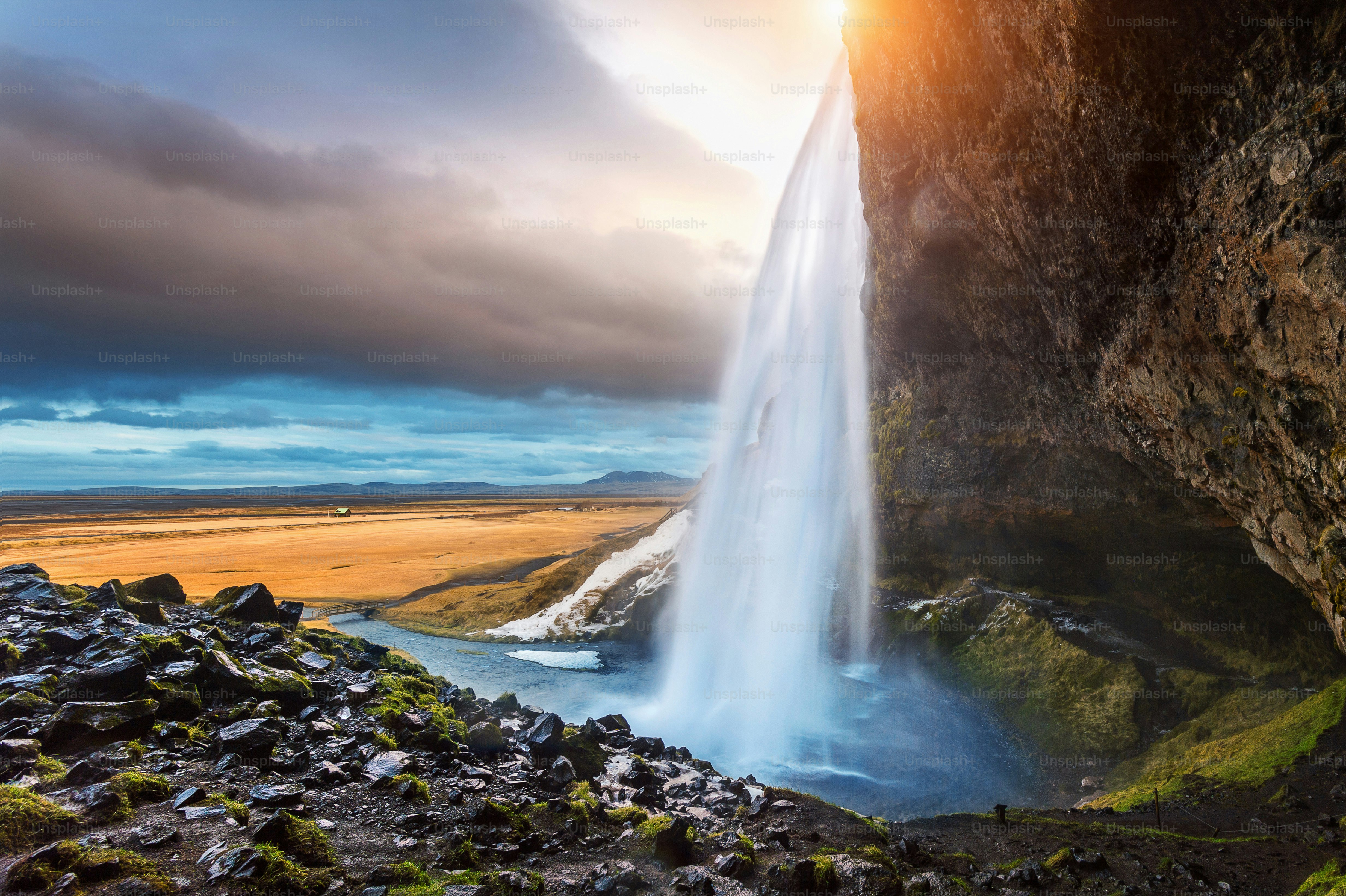 Seljalandsfoss waterfall during the sunset, Beautiful waterfall in Iceland.