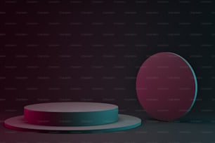 3d render of light circle podium on dark neon background. Abstract background with round pedestal. Empty stage for showing product
