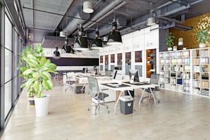 interno moderno e accogliente dell'ufficio loft. Rendering 3D