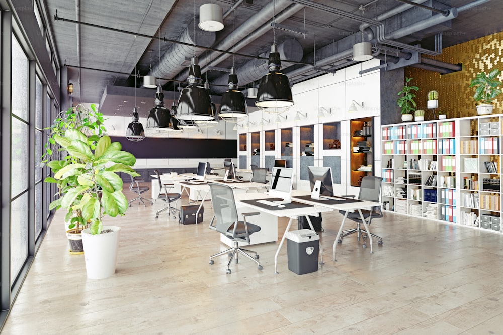 Interior de oficina moderno y acogedor tipo loft. Renderizado 3D
