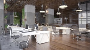 コンテンポラリーなオフィスインテリア。3Dレンダリング設計コンセプト