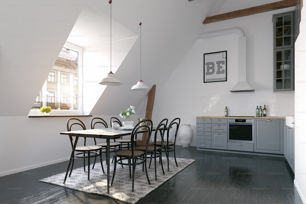 design interior moderno da cozinha loft. Conceito de renderização 3D