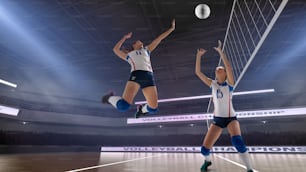 Jogadoras profissionais de voleibol em ação no estádio 3D.