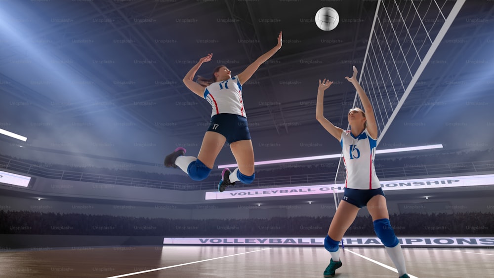 Weibliche Profi-Volleyballspieler in Aktion im 3D-Stadion.