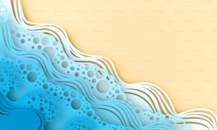 Arte abstracto en papel, mar u océano, agua, olas y playa. Fondo de verano con costa del mar. Olas de mar de papel con líneas y burbujas. Renderizado 3D de estilo de corte de papel