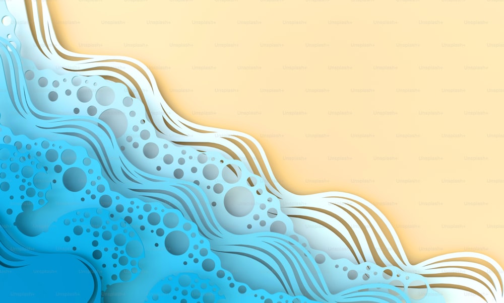 Abstract paper art sea or ocean water waves and beach. Summer background with seacoast. Paper sea waves with lines and bubbles. Paper cut style 3d render