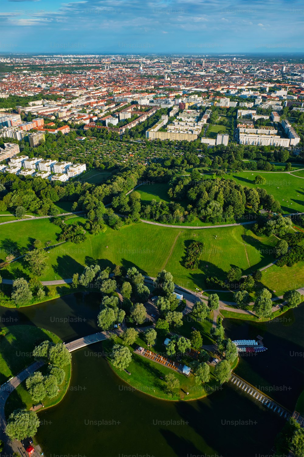 Aerial view of Olympiapark from Olympiaturm (Olympic Tower). Munich, Bavaria, Germany