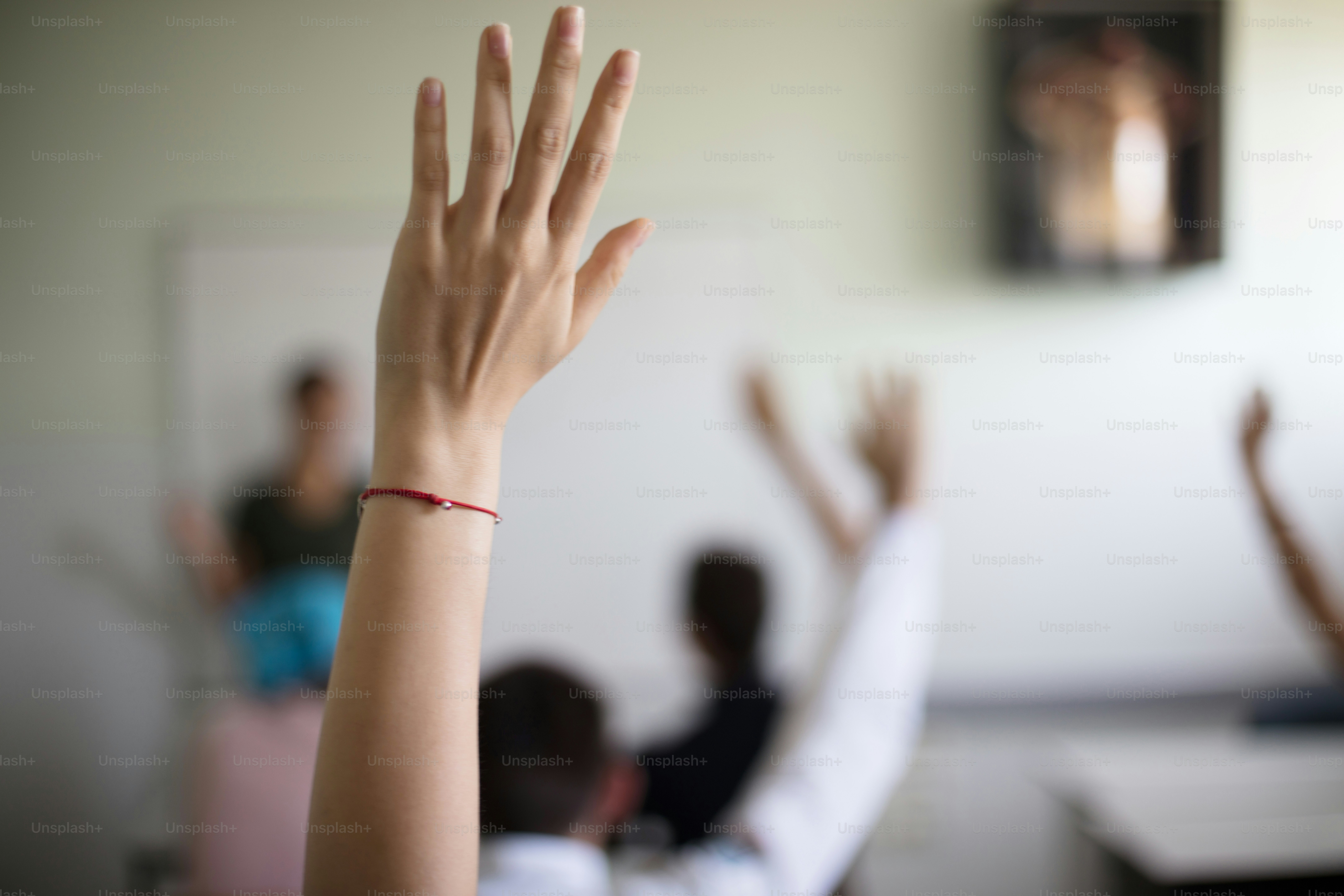 Back view of elementary students raising their arms on a class.