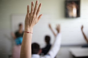 Vue arrière d’élèves du primaire levant les bras sur une classe.