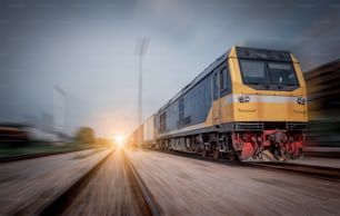 Train with container cargo boxes at railway station transport logistic distribution goods is industry transportion business concept.