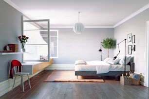 Interior de dormitorio moderno. Hermosa zona de vista de ventana.3d diseño de renderizado