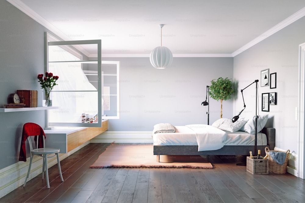 Interno moderno della camera da letto. Bellissimo design di rendering .3d della zona di visualizzazione della finestra