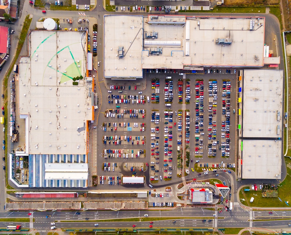 Aerial view to industrial zone and technology park on Borska pole of Pilsen city in Czech Republic, Europe. European industry from above.