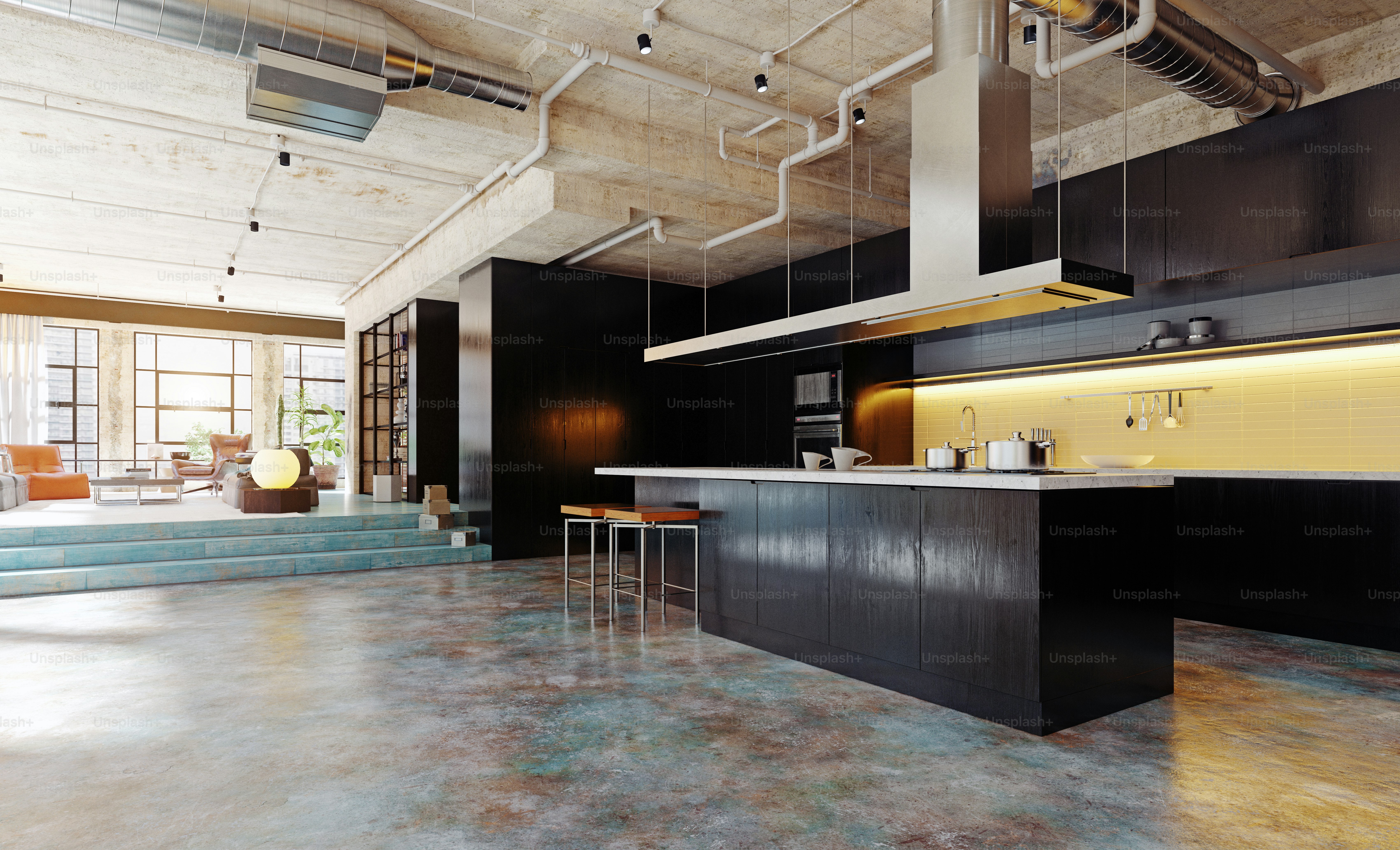 Modern loft kitchen interior.3d rendering design concept photo – Dark ...