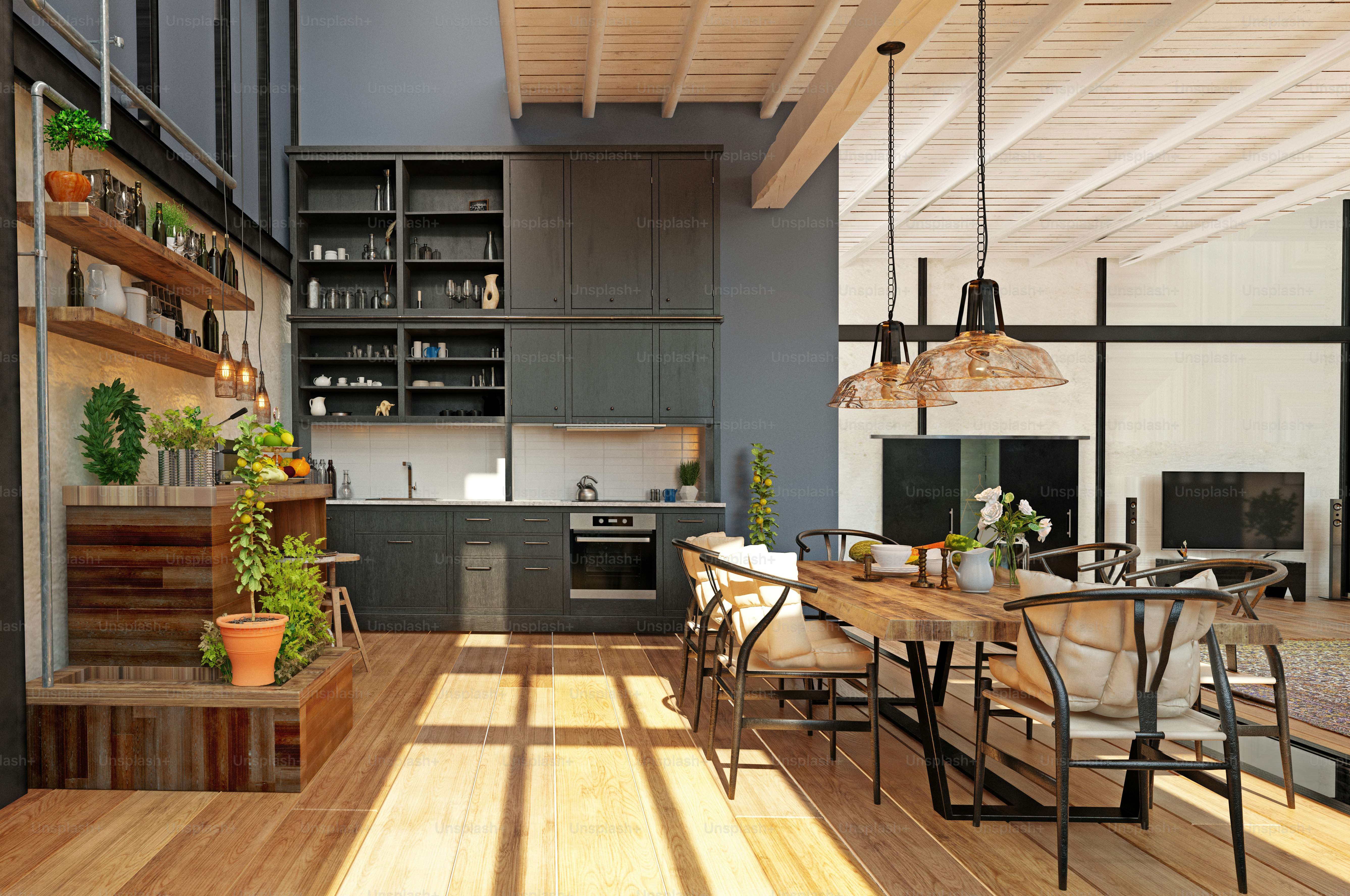 modern domestic kitchen interior. 3d rendering design concept