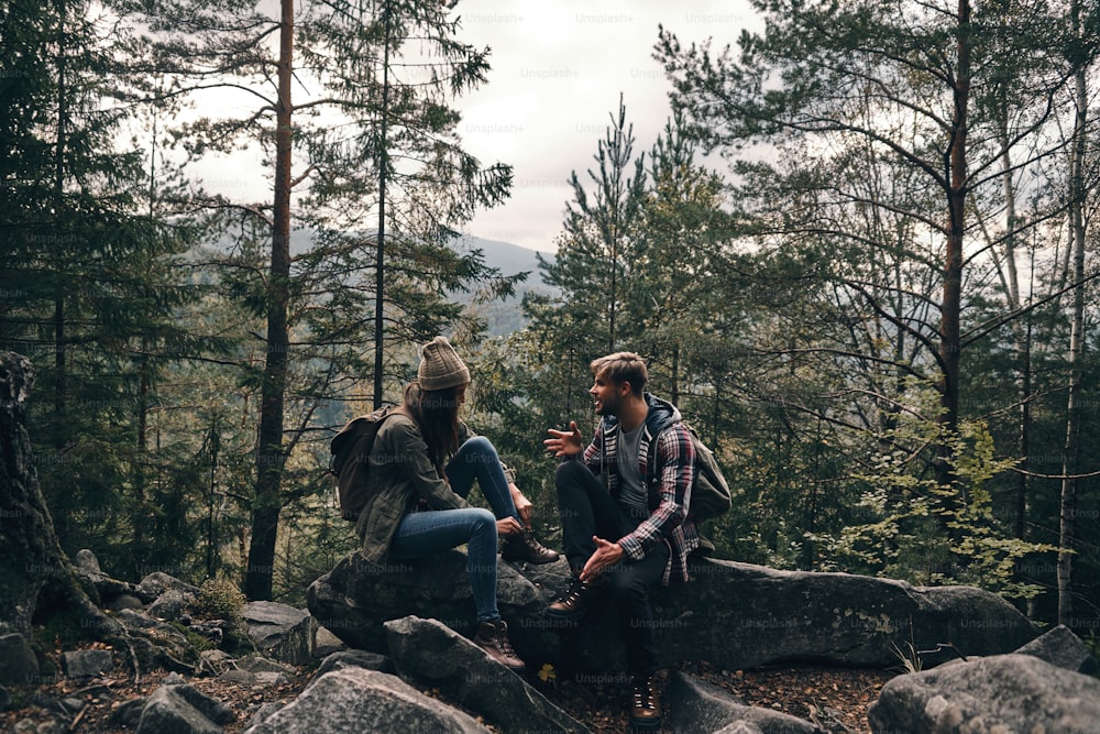 岩の上に座って森の中を一緒にハイキングしながら話す美しい若いカップル