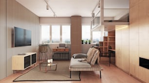 Kompaktes Apartment-Design-Konzept. 3D-Innenraum-Rendering