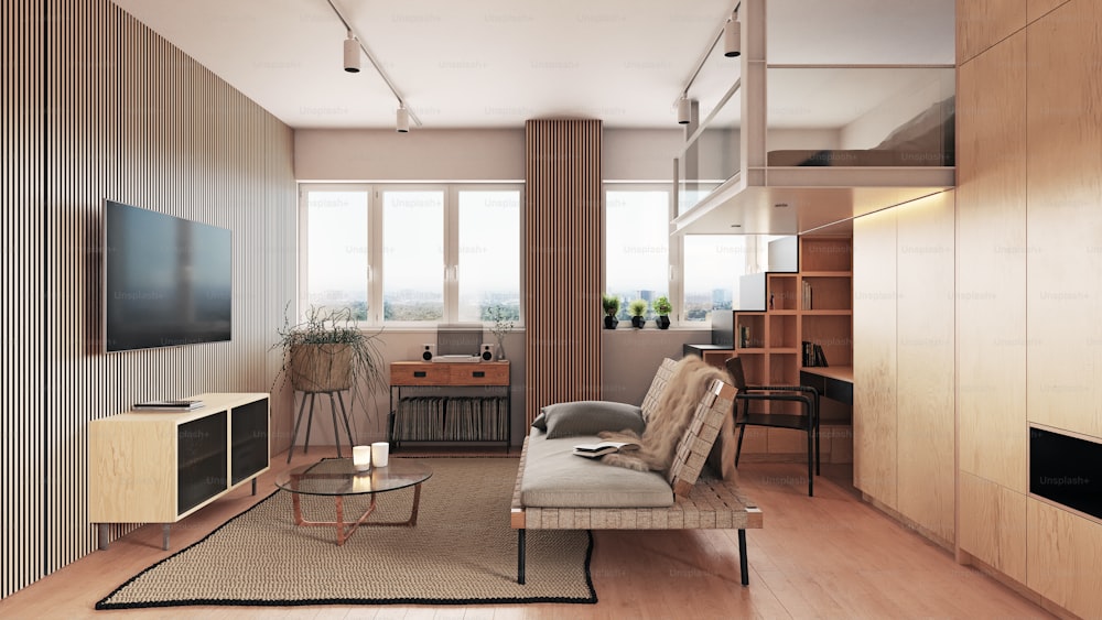 Kompaktes Apartment-Design-Konzept. 3D-Innenraum-Rendering