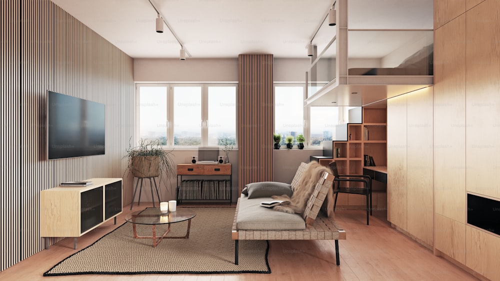 concept de design d'appartement compact. rendu intérieur 3d
