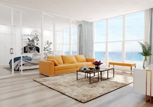 Modern  sea view living room interior. 3d rendering design concept
