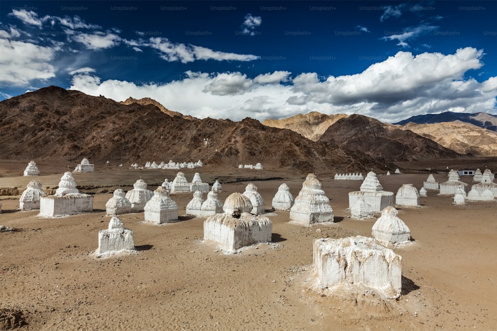 Cortens caiados de branco (estupas budistas tibetanas). Vale de Nubra, Ladakh, Índia