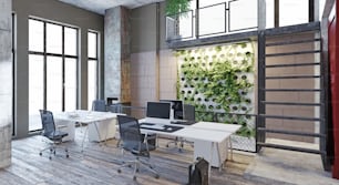 현대적인 로프트 사무실 인테리어. 3d 렌더링 디자인 개념