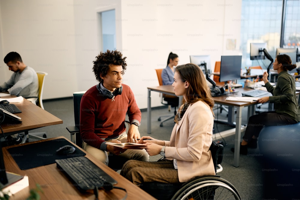 Businesswoman in wheelchair and her African American coworker communicating while working at software developing company.