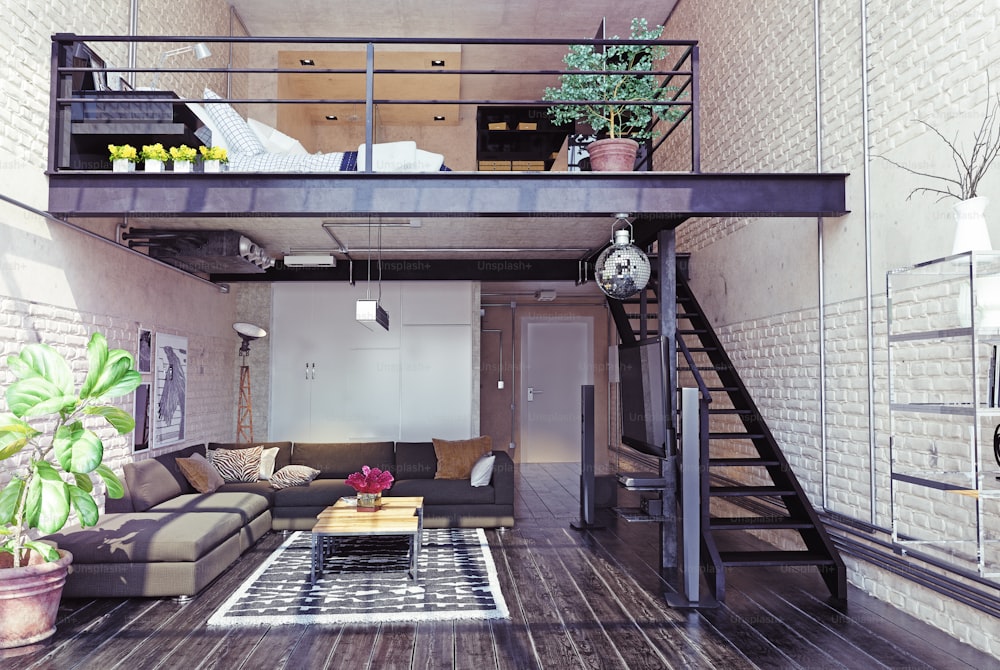 Design d'interni loft moderno. Stile contemporaneo. Concetto di rendering 3D