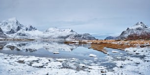 Panorama of Norwegian fjord in winter. Lofoten islands, Norway