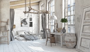 Scandinavian style interior. Bedroom attic. 3d rendering