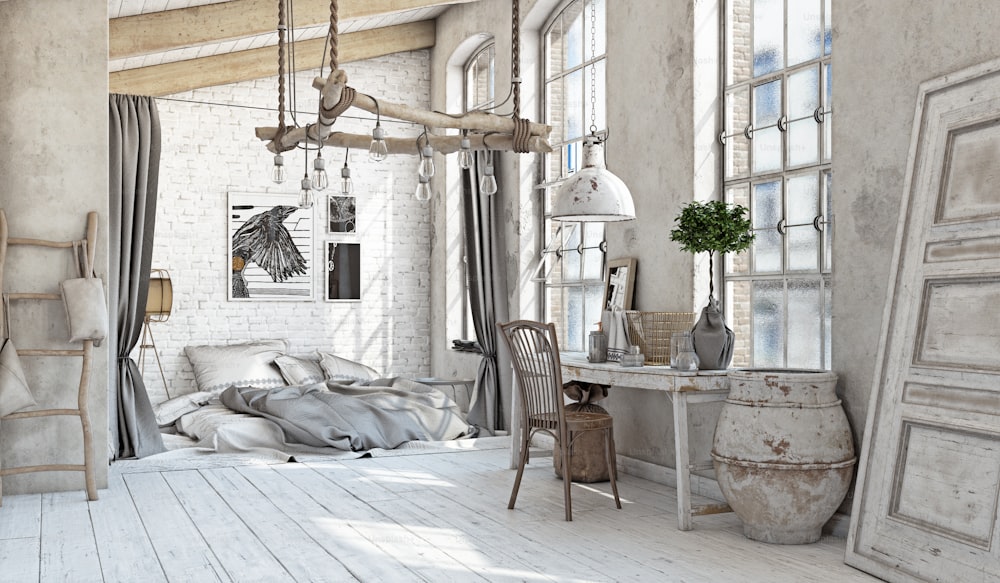 Scandinavian style interior. Bedroom attic. 3d rendering