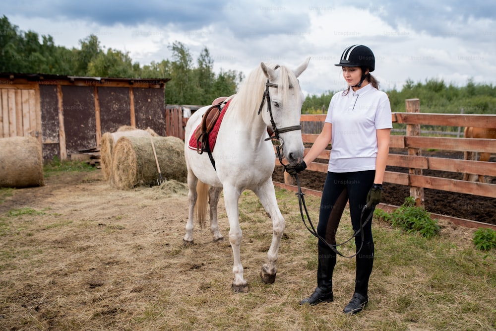 Joven mujer activa con casco ecuestre y ropa deportiva relajándose con su caballo de carreras en un entorno rural