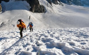 Guide de montagne et client en route vers un glacier en direction d’un sommet alpin par une belle matinée d’été dans les Alpes françaises