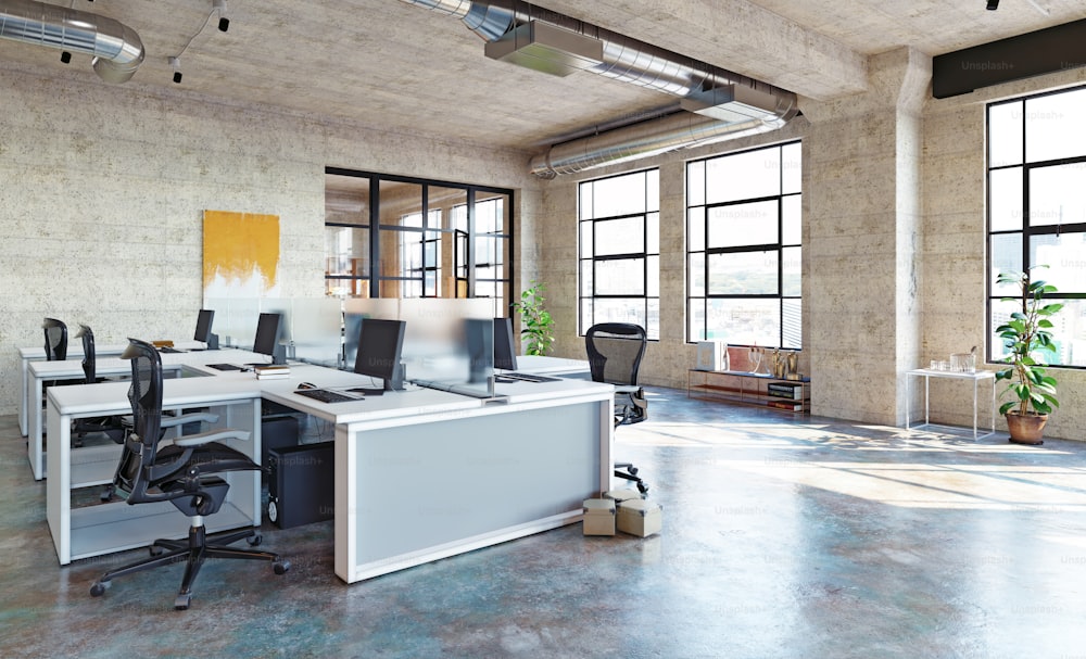 Interno moderno dell'ufficio del loft, progettazione del concetto di business di rendering 3D