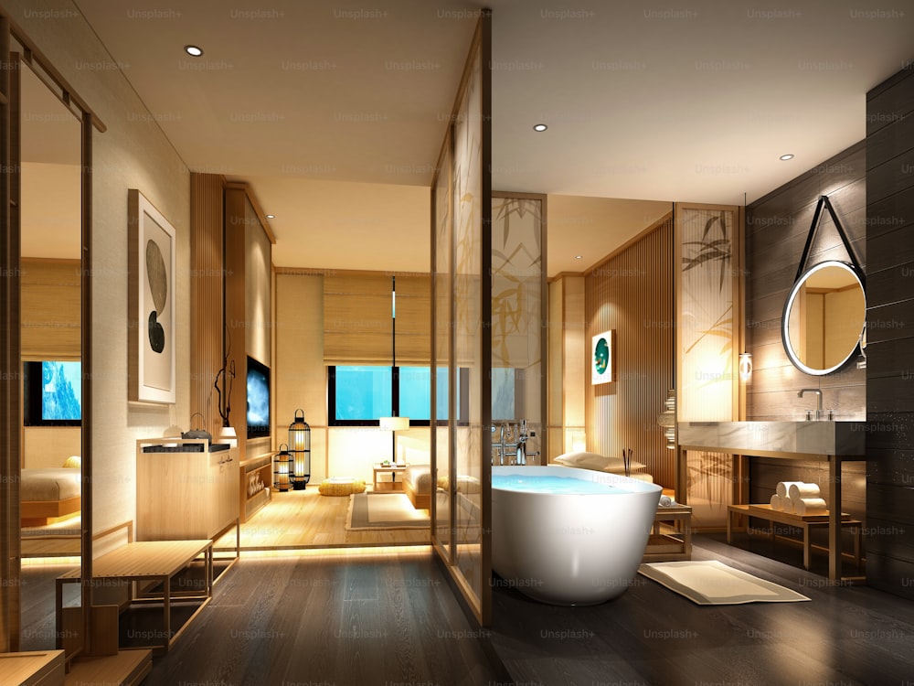 3d render hotel suite with luxury bathroom