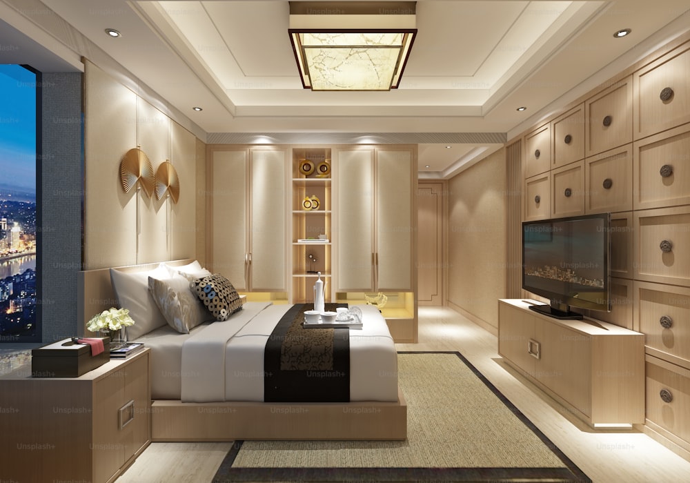 3D Render of modern bedroom, also luxury hotel room.