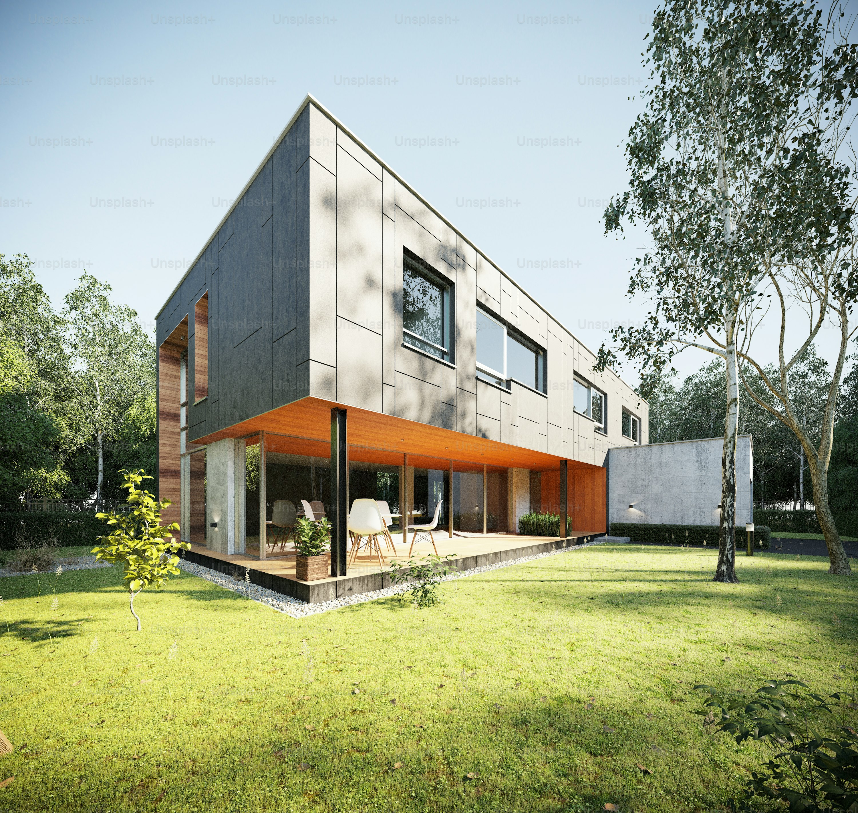 3D render of modern modular building exterior steel