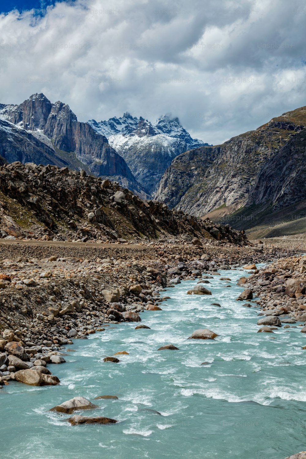 Chandra river in Lahaul Valley in indian Himalayas. Himachal Pradesh, India India