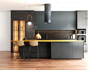 3d render of luxury house kitchen and bar counter