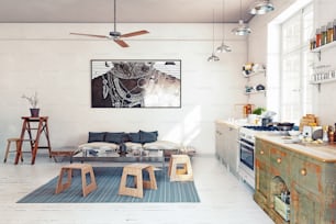 Modern design  kitchen interior. 3d rendering concept